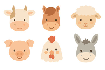 Cute cartoon faces of common farm animals: cow, horse, sheep, pig, chicken, and donkey
