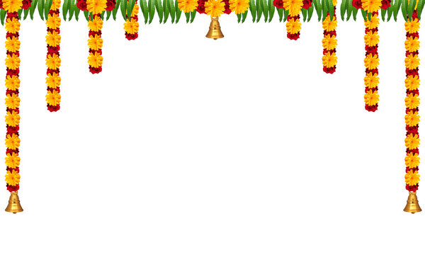 Indian festival thoranam of marigold flowers isolated on transparent background with lotus flower and mango leaf, hanging in entrance of house, reception, mall.