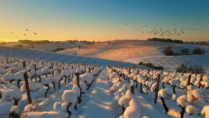 Snow-covered vineyard at sunrise. - Powered by Adobe