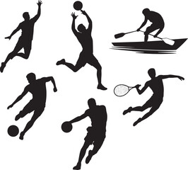 Sports activities silhouettes illustration of soccer tennis basketball canoeing vector set