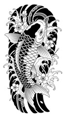 Japanese Koi Fish Tattoo with Waves and Cherry Blossoms &ndash; Bold Blackwork Design