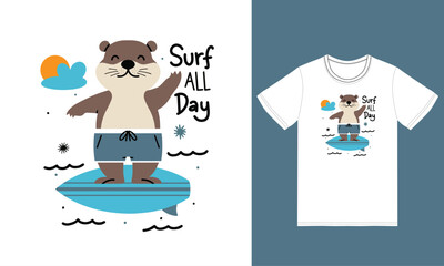 Cute otter surfing illustration with tshirt design premium vector