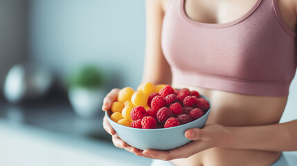 Athletic person holding a bowl of vibrant raspberries and yellow fruit creates a fresh healthy lifestyle
