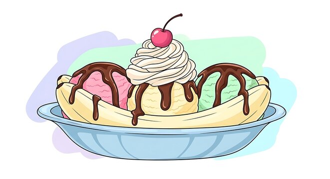 Delicious Banana Split Dessert with Ice Cream and Cherry.