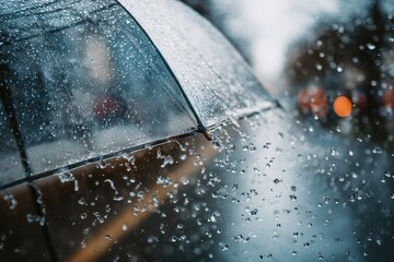 Close-up of raindrops on an umbrella during a cloudy and drizzly day