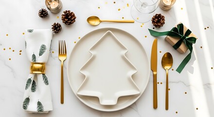 Elegant christmas dinner table setting with tree shaped plate and gold cutlery