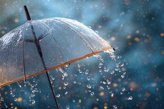 Clear umbrella with raindrops falling, blurred background in shades of blue and gold
