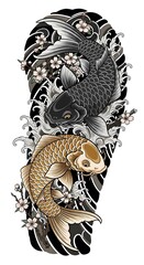 "Traditional Japanese Koi Fish Tattoo Design with Black and Gold Koi, Sakura Flowers, Dynamic Waves, and Elegant Irezumi Style Illustration for Art Prints and Tattoo Inspiration"