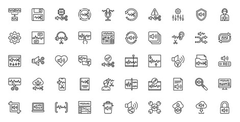 Set of Audio Edition vector. Merge, AI, Save, Processing, Microphone, Undo, Setting, Warning, Ears, Voice, Audio, Hand, Mixer, Synchronize, Album, Shuffle , Repeat, Protect, Website, Favorite icon. 