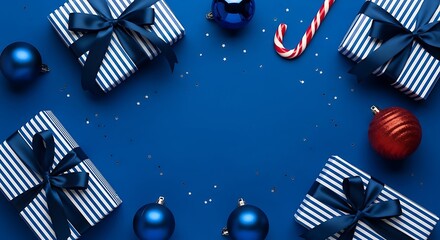 Festive christmas presents and decorations arranged on a deep blue background