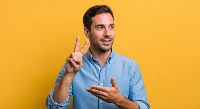 Young caucasian adult male gesturing peace sign against yellow background - Powered by Adobe