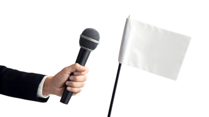 Reporter’s microphone held in hand with empty flag for news interview mockup