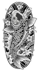 Japanese Koi Fish Tattoo with Waves and Cherry Blossoms &ndash; Bold Blackwork Design