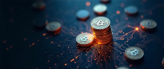 Stack of bitcoins glows on a digital circuit board, with gentle ambient light flicker and a slow cinematic pan, highlighting cryptocurrency technology and blockchain innovation. - Powered by Adobe