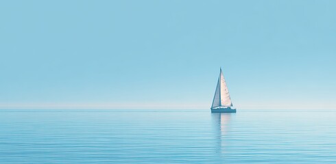 Sailboat on tranquil ocean waters with a light blue sky in a minimal seascape