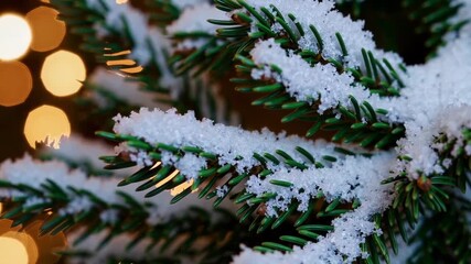 Christmas tree branches with snowflakes and glowing golden lights. - Powered by Adobe