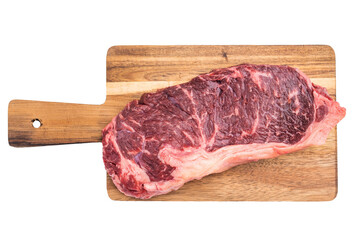 Fresh marbled New York strip loin steak on wood cutting board on white backdrop perfect for grill recipes meat lovers and culinary stock images.