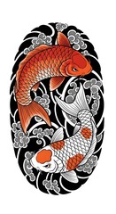 Japanese Koi Fish Tattoo Design with Waves and Cherry Blossoms &ndash; Traditional Colorful Koi Carp Illustration, Oriental Art, Yin Yang Harmony, Japanese Water and Sakura Tattoo Style