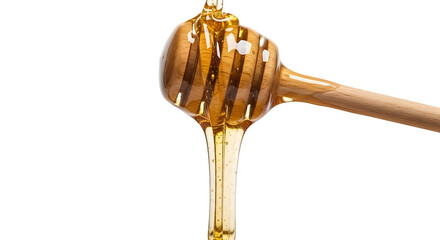 Honey dripping from dipper, isolated on transparent background