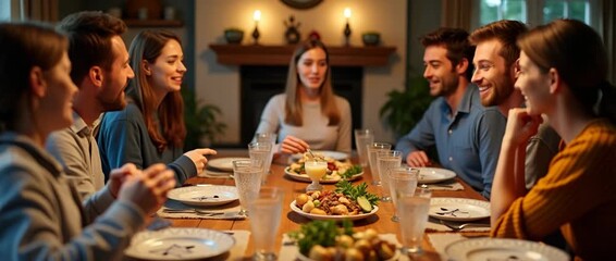 An inviting and cozy atmosphere of a family engaging in Passover traditions during a beautifully set meal, emphasizing family connection and allowing copy space.