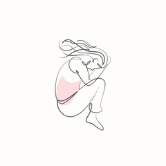 Woman Curled Up on the Floor one line drawing. Woman Curled Up on the Floor single line illustration. Woman Curled Up on the Floor minimalist line art