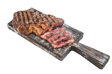 Grilled dry aged sirloin striploin New York steak sliced on rustic wooden board, juicy seared beef with rich marbling on light background.