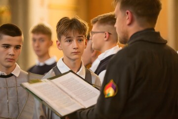 Young Male Choir Students Practicing with Conductor