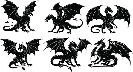 Black Silhouette Vector Set of Six European Dragons in Various Mythical Poses with Sprawling Wings, Ideal for Fantasy, Mythology, Gaming, and Gothic Design Graphics