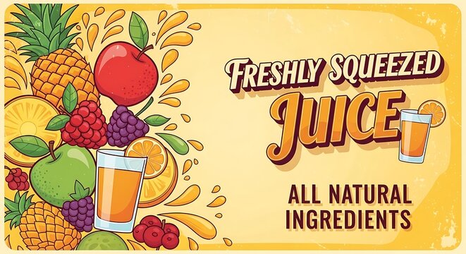 Freshly Squeezed Juice Ad with Colorful Fruit Illustration.