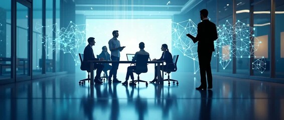 Dynamic business meeting with professionals engaging in animated discussion, camera gently panning as digital network graphics subtly animate in the background, cinematic and modern. - Powered by Adobe