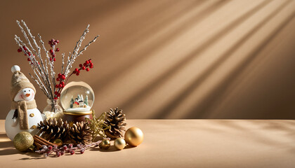 Warm winter holiday magic with a charming snowman, snow globe village, and cozy seasonal decorations in golden light for festive cheer and inviting atmosphere