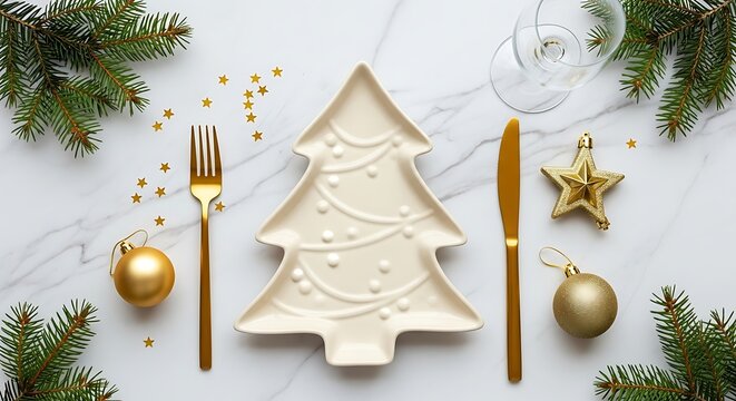 Christmas dinner table setting with festive tree shaped plate and gold cutlery