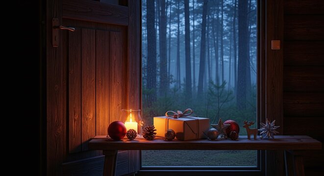 A cozy winter evening with a glowing candle and festive decorations on a rustic window sill, providing warmth against the mysterious, dark forest outside