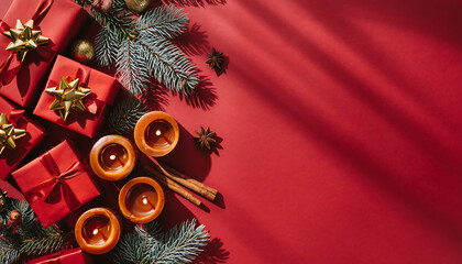 Festive gifts with twinkling candles and winter spices create a cozy Christmas mood, making the perfect seasonal greeting, offering a warm and inviting atmosphere
