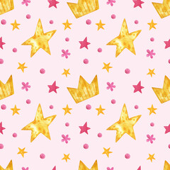 Cute watercolor seamless pattern with golden crowns, stars and dots. Perfect for kids designs, birthday themes, princess party décor, wrapping paper, textiles and nursery prints.