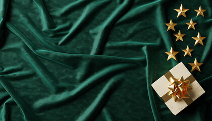 Elegant Gift and Golden Stars on Luxurious Emerald Green Velvet Fabric, Perfect for Christmas, Birthdays, or Celebrations, High-End Gift Presentation