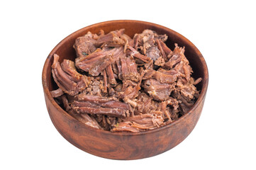 Flavorful cooked moose deer meat in a rustic bowl over a minimal background, emphasizing hearty shredded texture and authentic wildness.