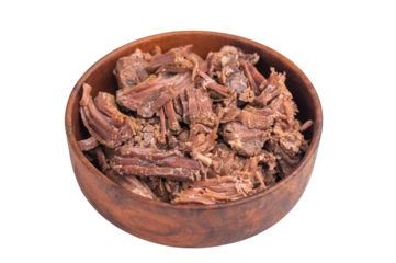 Flavorful cooked moose deer meat in a rustic bowl over a minimal background, emphasizing hearty shredded texture and authentic wildness.