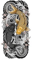 "Traditional Japanese Koi Fish Tattoo Design with Black and Gold Koi, Sakura Flowers, Dynamic Waves, and Elegant Irezumi Style Illustration for Art Prints and Tattoo Inspiration"