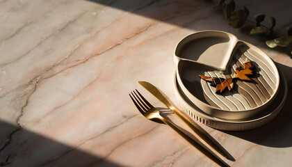 Elegant autumn table setting with modern plate, golden cutlery, and leaf shaped cookies, perfect for Thanksgiving or fall celebrations and seasonal lifestyle content