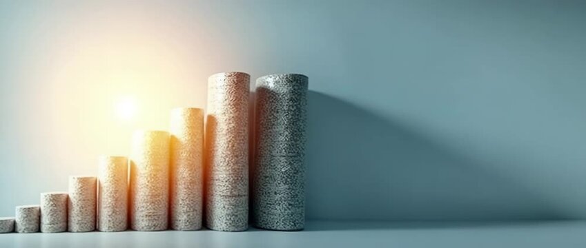 Stacks of coins gradually increase in height under warm sunlight, with a smooth camera pan highlighting financial growth and success in a clean, minimalist style.