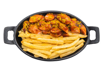 German currywurst with fries in a cast iron pan on white background ideal for street food visuals fast food ads and stock photography.
