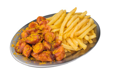 Currywurst, Sliced sausage in curry sauce with crispy pommes perfect for comfort food ads restaurant menus and snack themed stock photography.