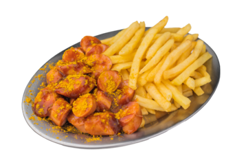 Currywurst, Sliced sausage in curry sauce with crispy pommes perfect for comfort food ads restaurant menus and snack themed stock photography.