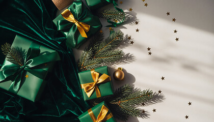 Elegant holiday presents wrapped in emerald green and gold, ready for festive celebrations and gifting, perfect for Christmas and New Year promotions