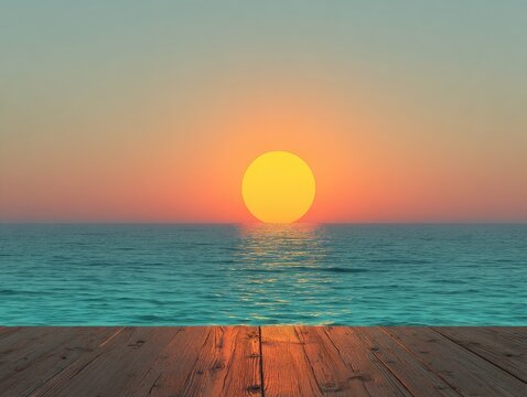Vivid orange sun setting over ocean waters seen from a wooden dock during twilight