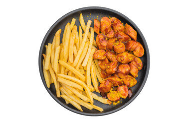 Currywurst Hot sausage with curry ketchup and golden fries on black dish suitable for fast food ads takeaway visuals and premium stock imagery.