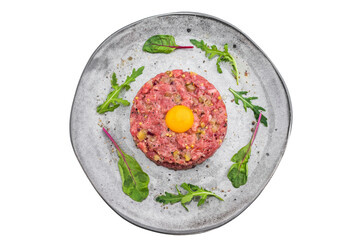 Fresh steak tartare with mustard pickles and herbs served on light plate perfect for fine dining visuals culinary ads and recipe concepts.
