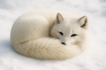 Naklejka premium Arctic fox curled up on snowy ground with soft white fur and calm expression, minimalist winter background and natural light tones. Ai generative