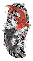 Japanese Koi Fish Tattoo Design with Waves and Cherry Blossoms &ndash; Traditional Colorful Koi Carp Illustration, Oriental Art, Yin Yang Harmony, Japanese Water and Sakura Tattoo Style